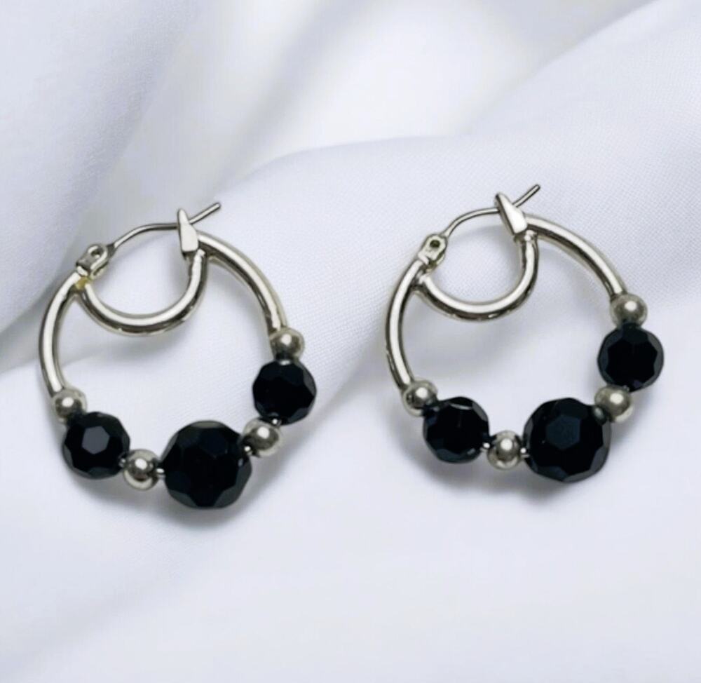 Nine West Silver & Black Top Click Hoop Earrings-NWOT